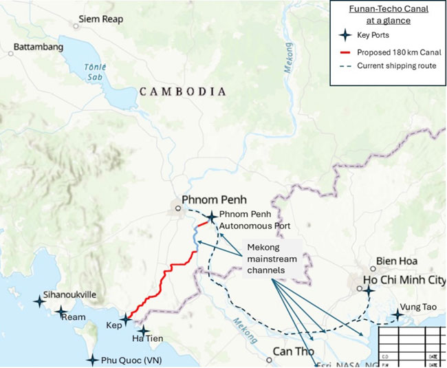 Map showing massive Chinese water diversion canal underway on the Mekong in Cambodia