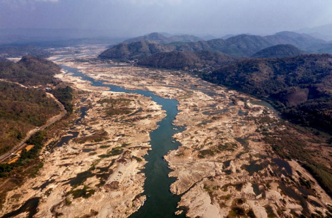 Exposed river-bed of the Mekong suffering restricted flow