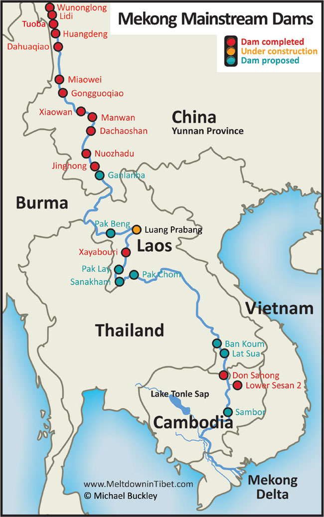 The status of megadam building on the Mekong as of mid-2023.